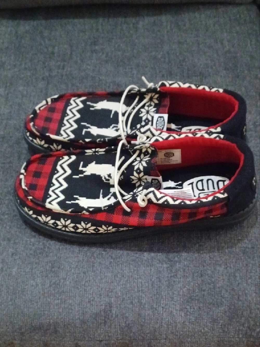 Hey Dude Men's Red, Black & White Patterned Boat Shoes